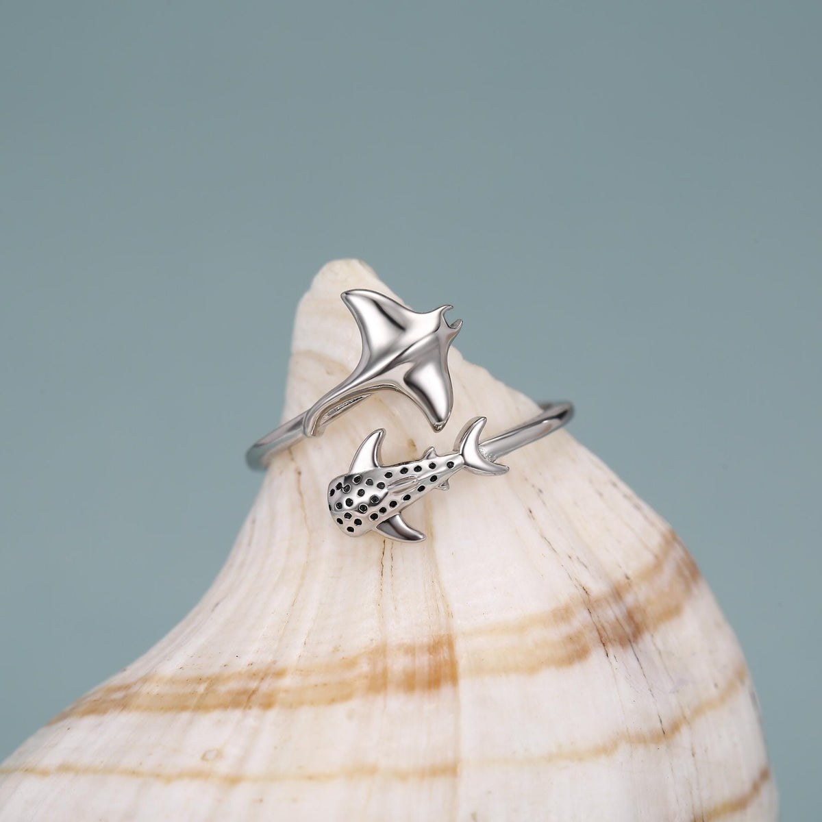 Sterling Silver Manta Ray and Whale Shark Adjustable Ring