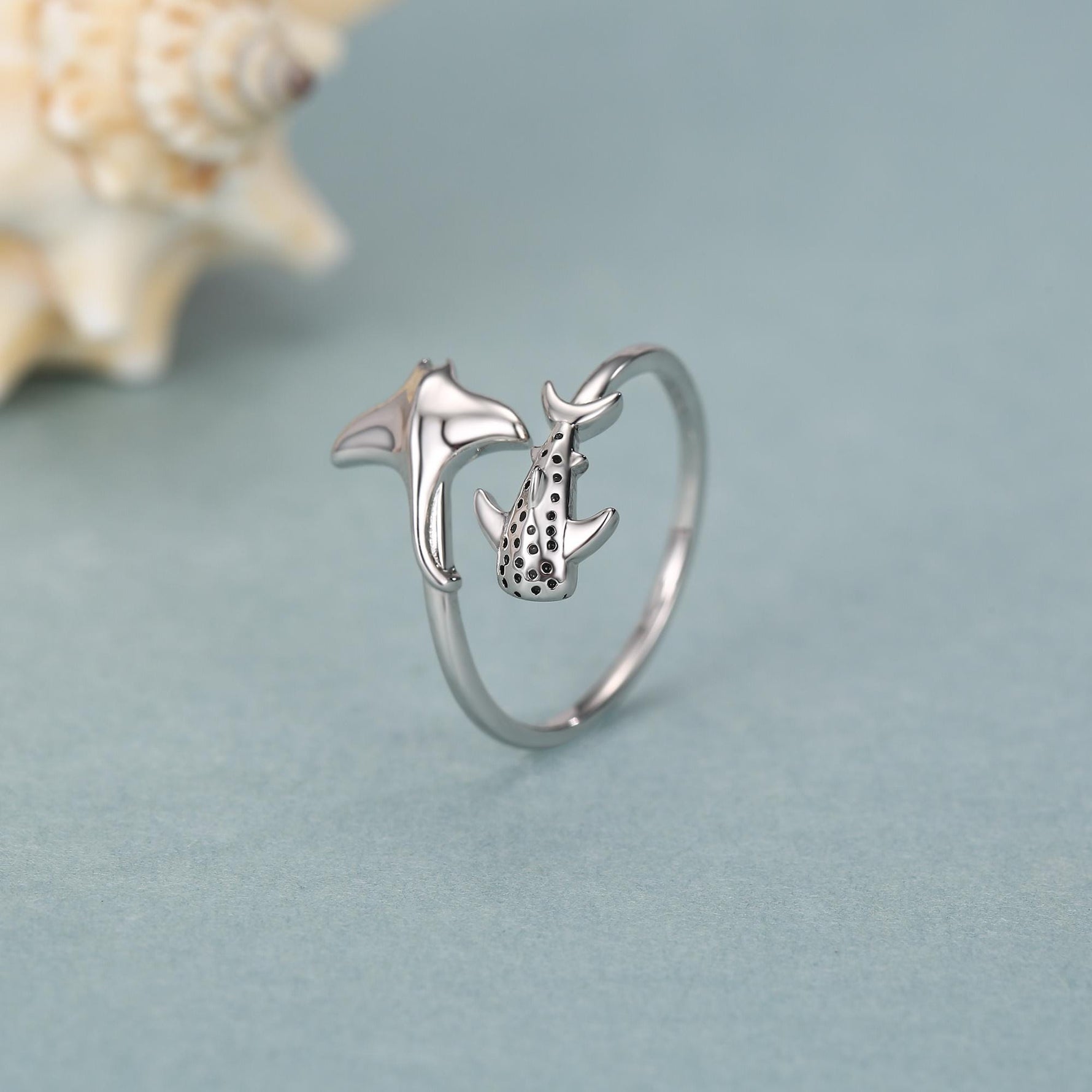 Sterling Silver Manta Ray and Whale Shark Adjustable Ring