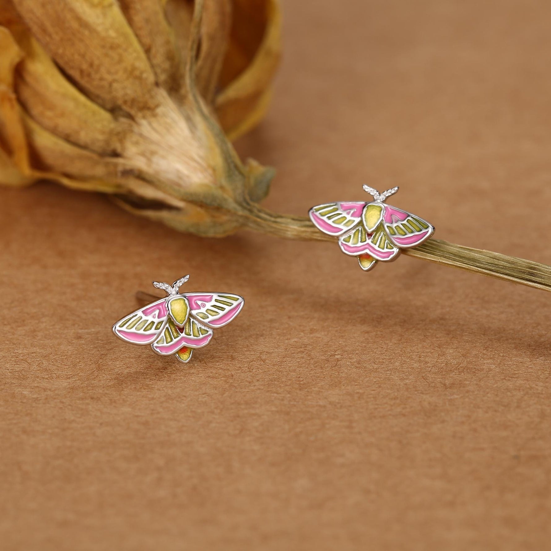 Sterling Silver Enamel Rosy Maple Moth Stud Earrings