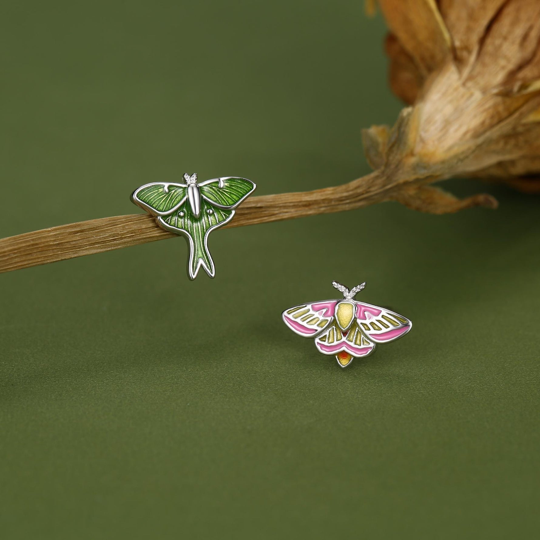 Sterling Silver Mismatched Lunar and Rosy Maple Moth Stud Earrings