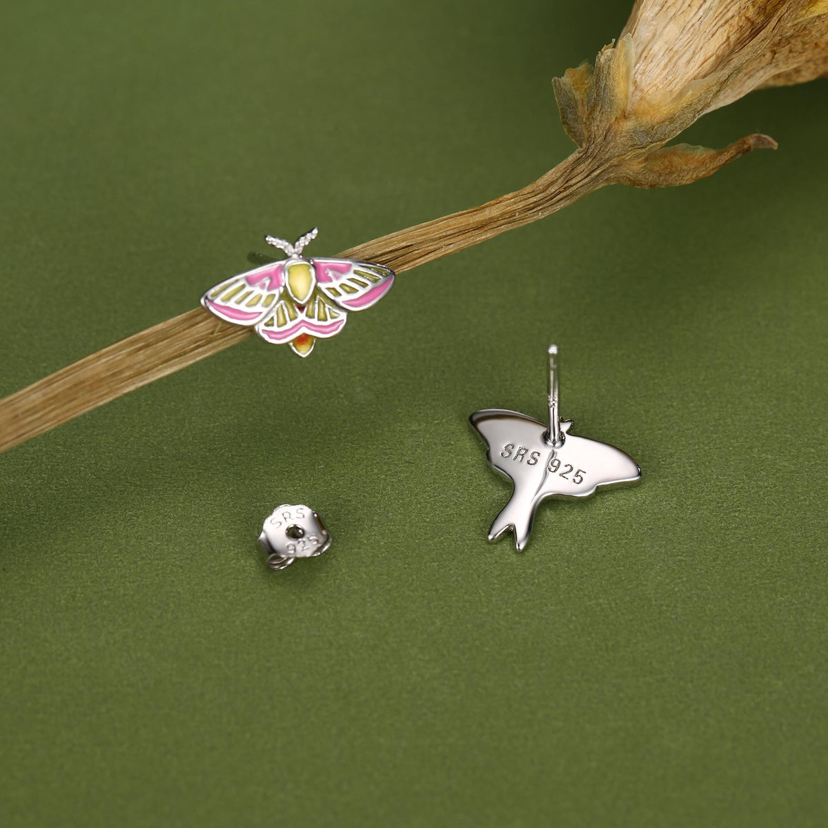 Sterling Silver Mismatched Lunar and Rosy Maple Moth Stud Earrings