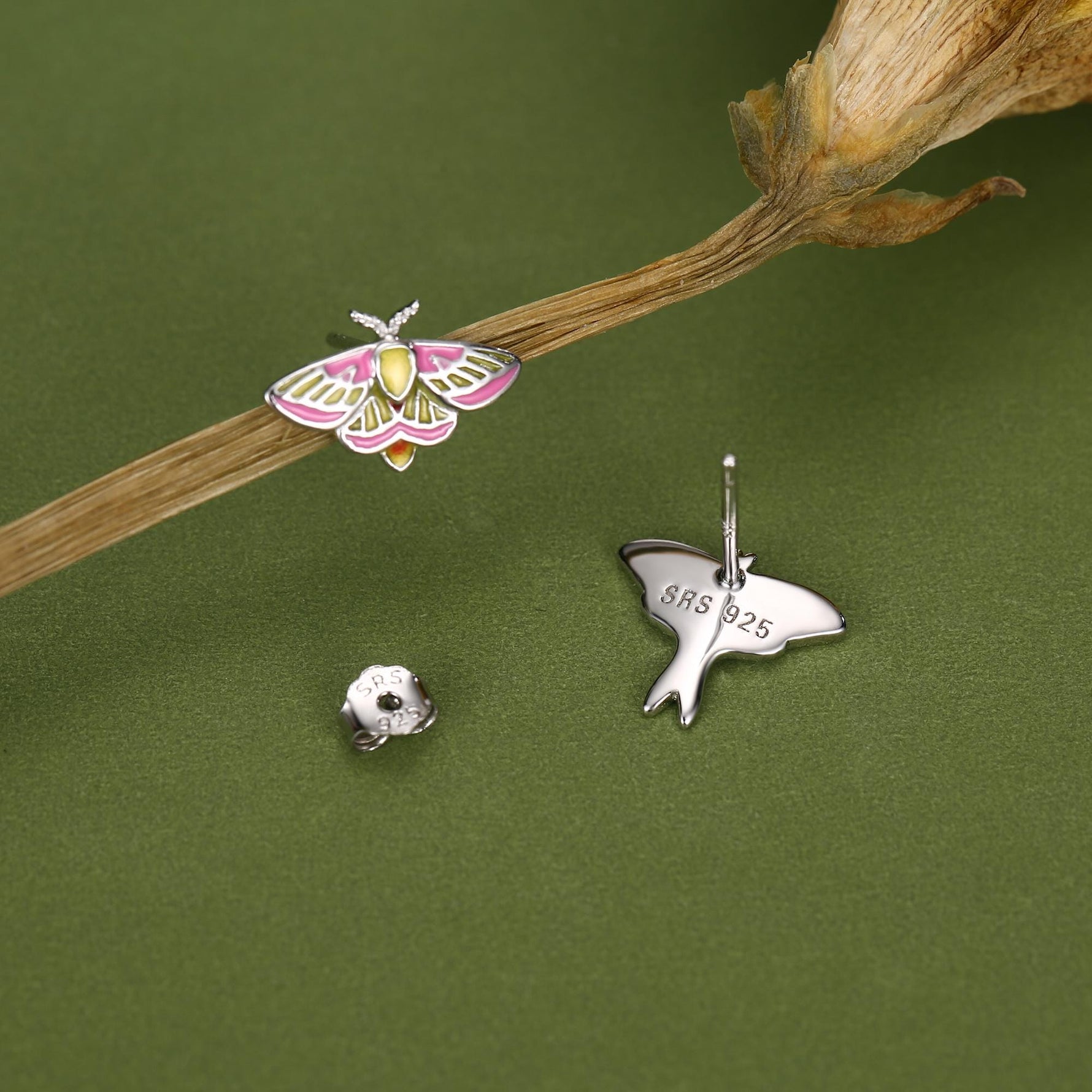 Sterling Silver Mismatched Lunar and Rosy Maple Moth Stud Earrings