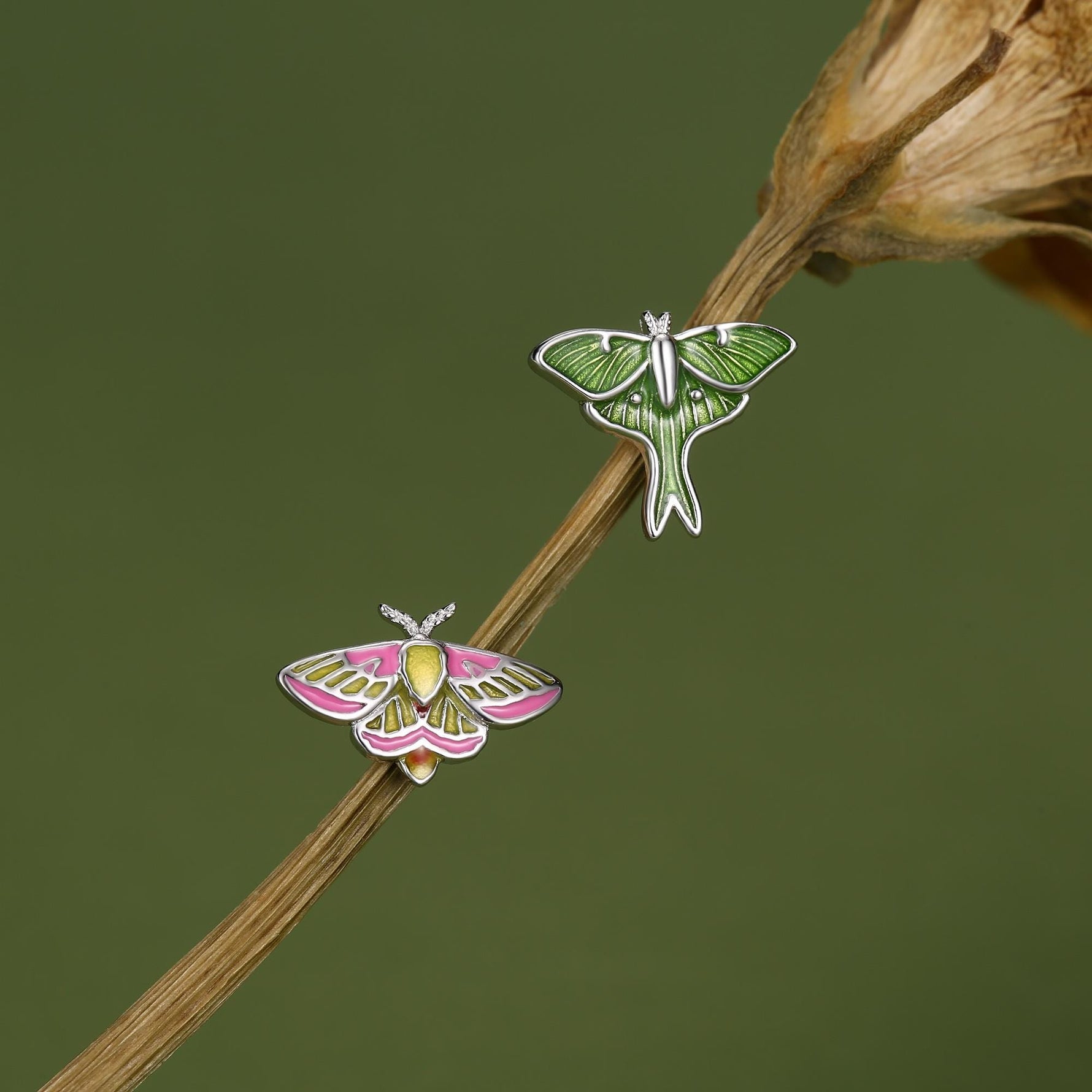 Sterling Silver Mismatched Lunar and Rosy Maple Moth Stud Earrings