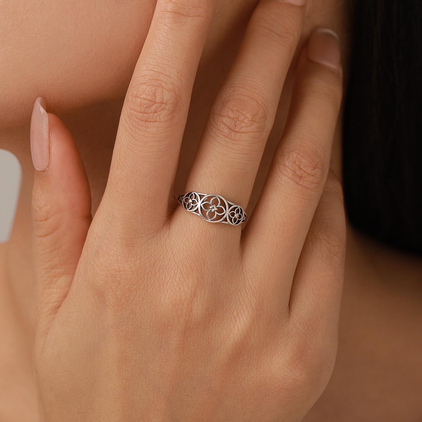 Sterling Silver Floral Cutout Adjustable Ring