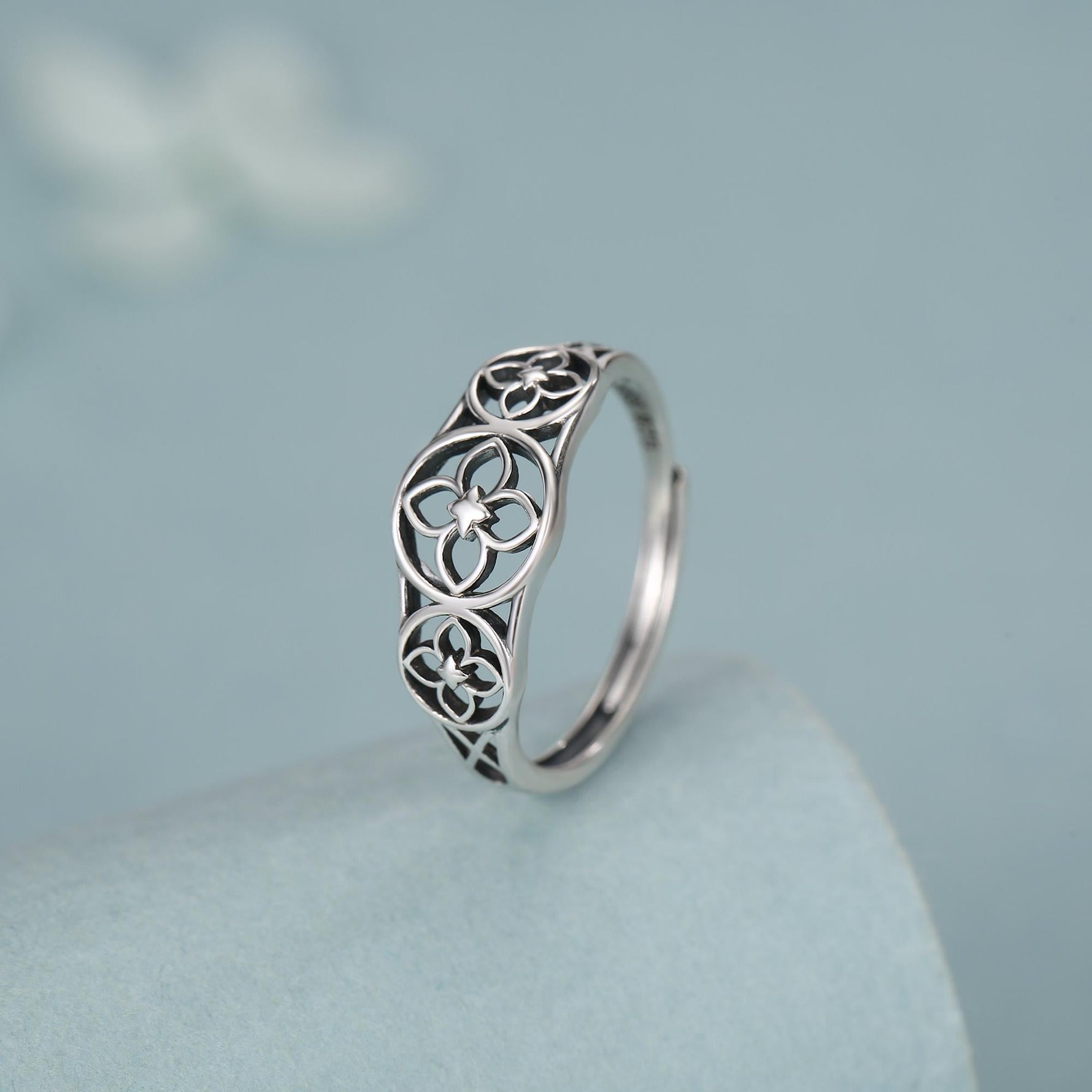 Sterling Silver Floral Cutout Adjustable Ring