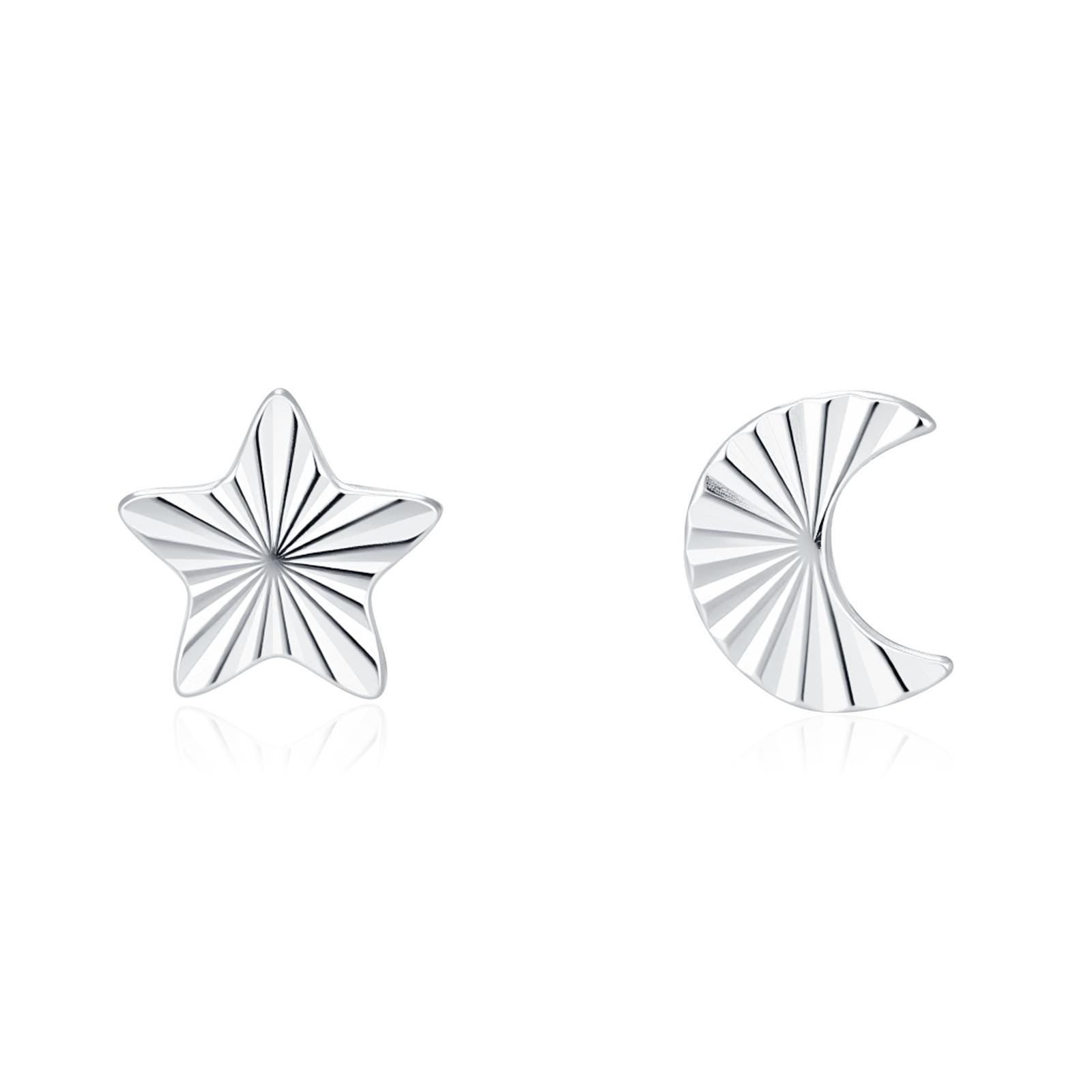 Sterling Silver Mismatched Moon and Star Stud Earrings