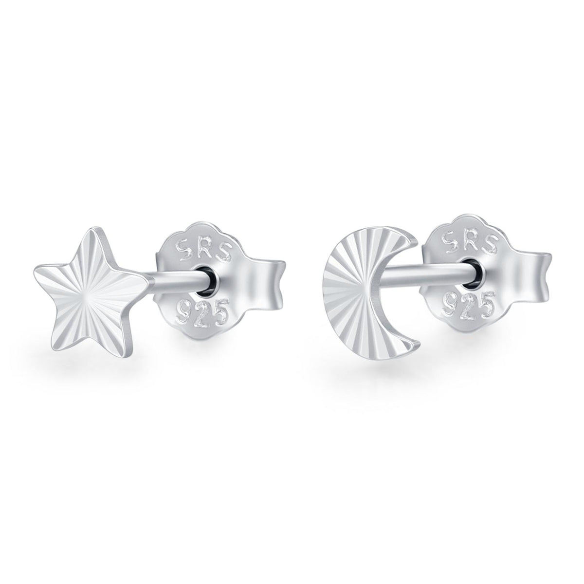 Sterling Silver Mismatched Moon and Star Stud Earrings