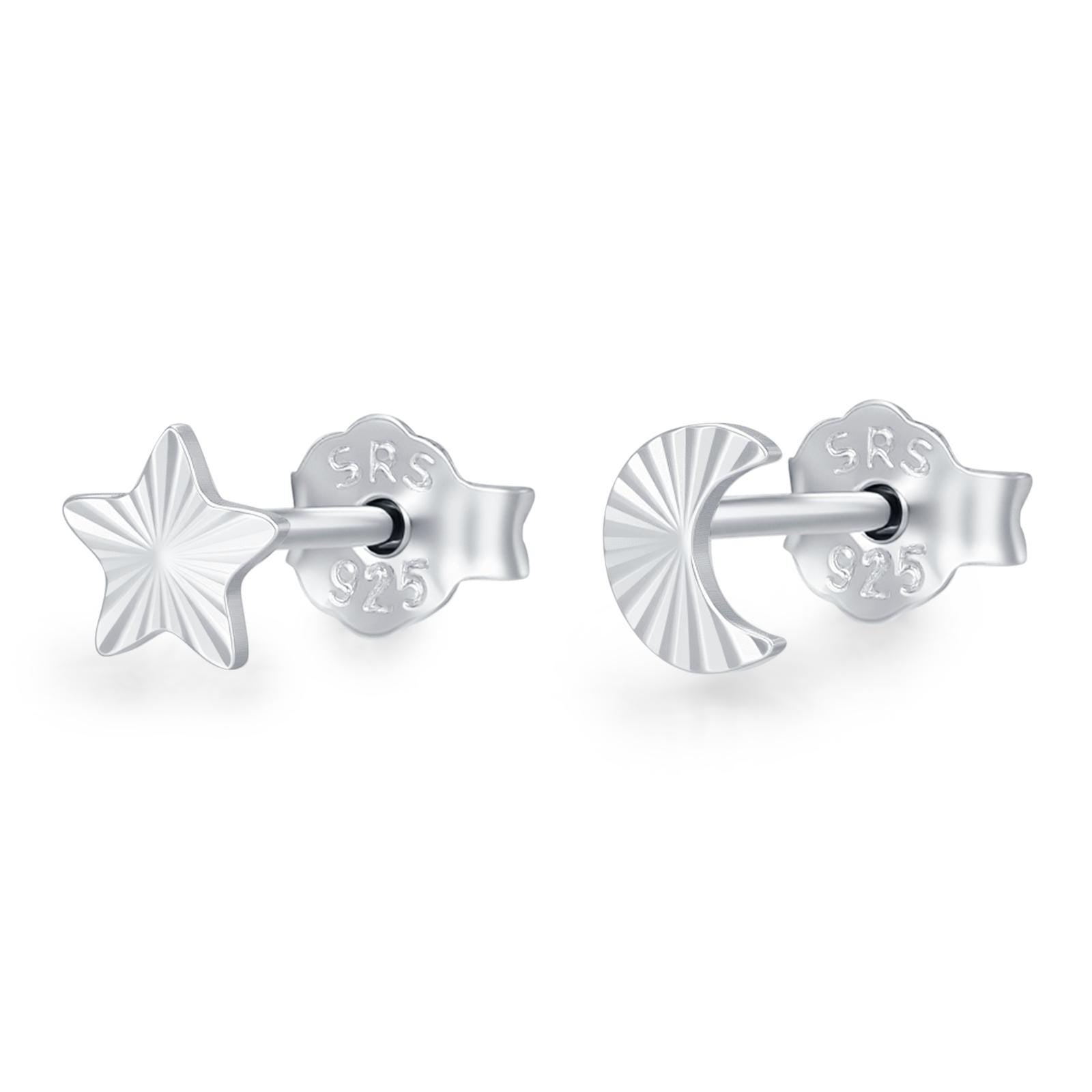 Sterling Silver Mismatched Moon and Star Stud Earrings