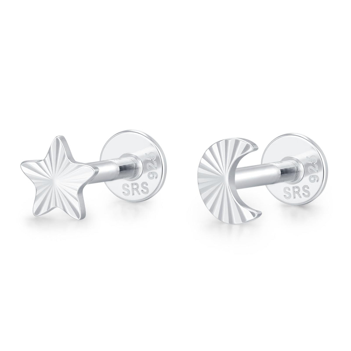 Sterling Silver Mismatched Moon Star 16G Flat Back Earrings