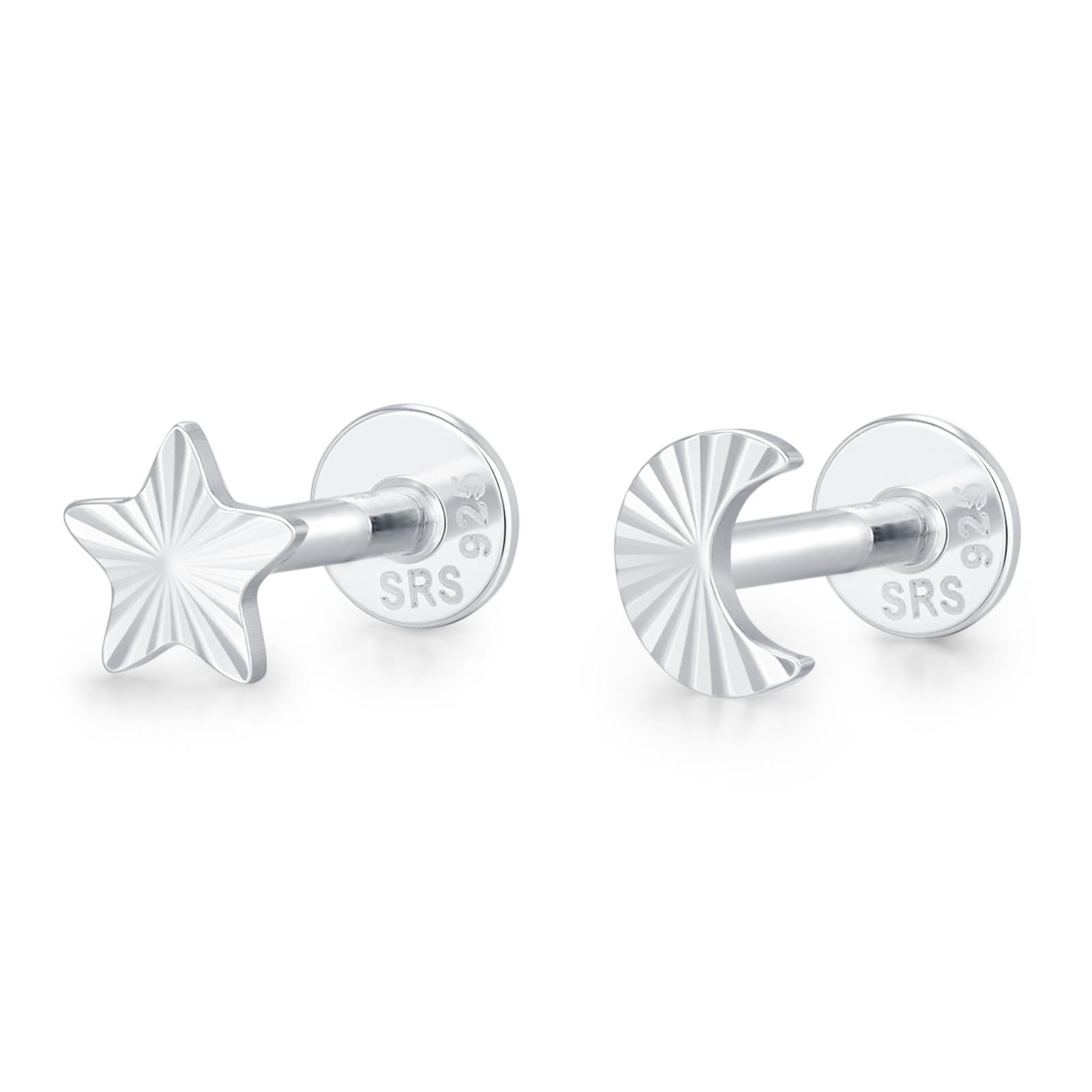Sterling Silver Mismatched Moon Star 16G Flat Back Earrings
