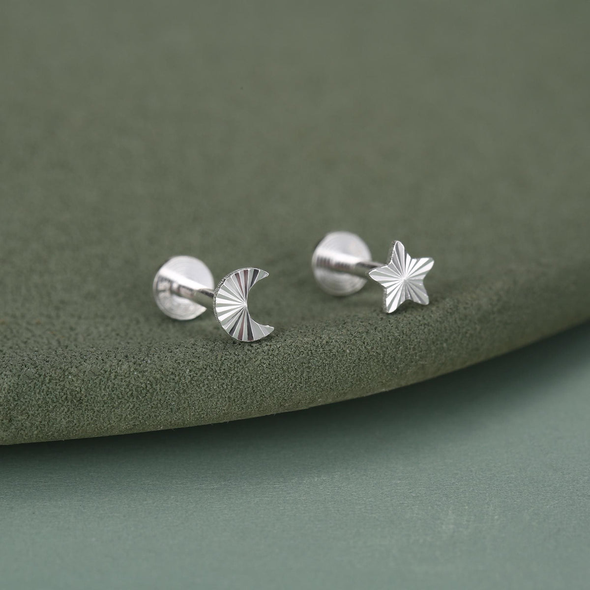 Sterling Silver Mismatched Moon Star 16G Flat Back Earrings