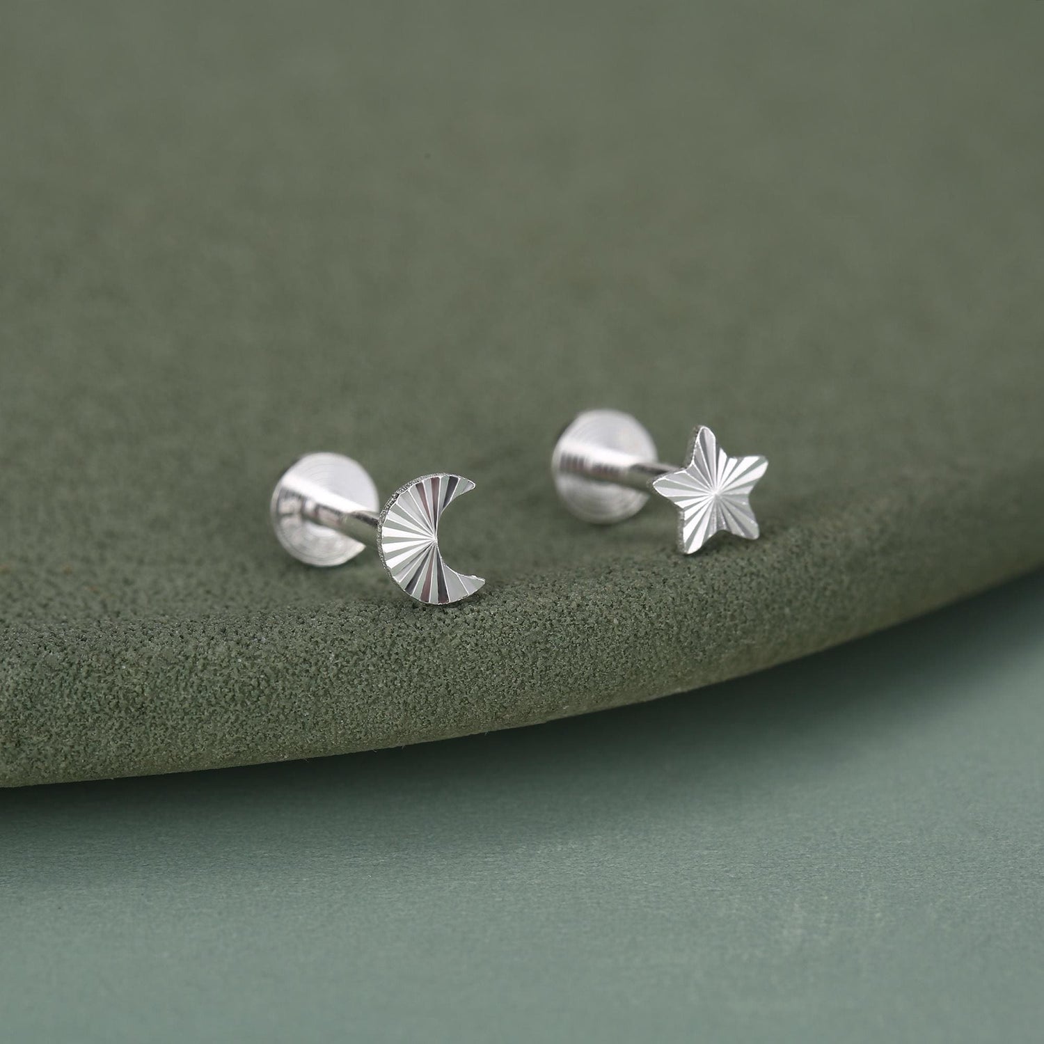 Sterling Silver Mismatched Moon Star 16G Flat Back Earrings