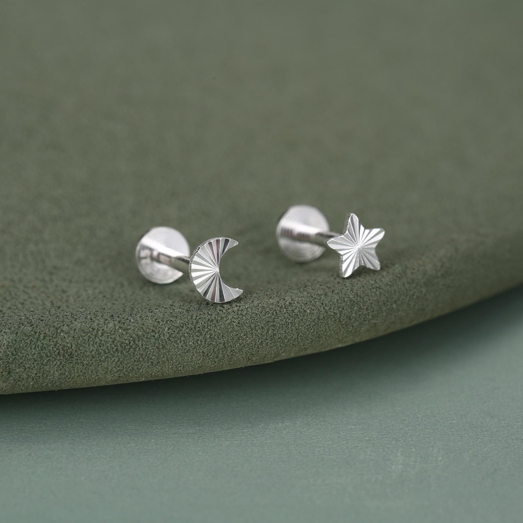 Sterling Silver Mismatched Moon Star 16G Flat Back Earrings