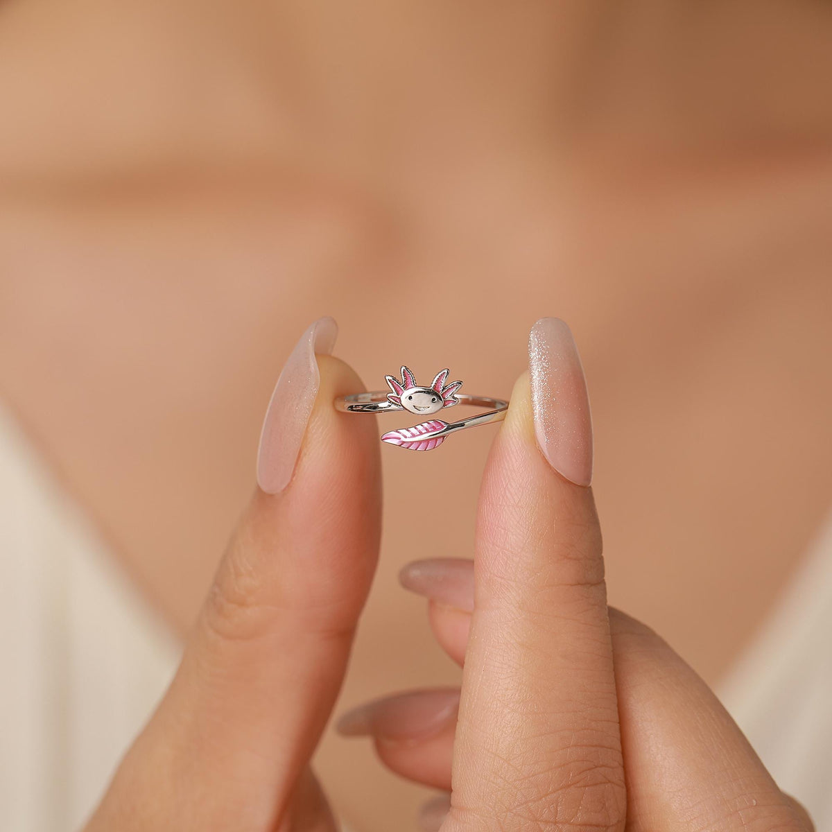 Sterling Silver Enamel Axolotl Adjustable Ring