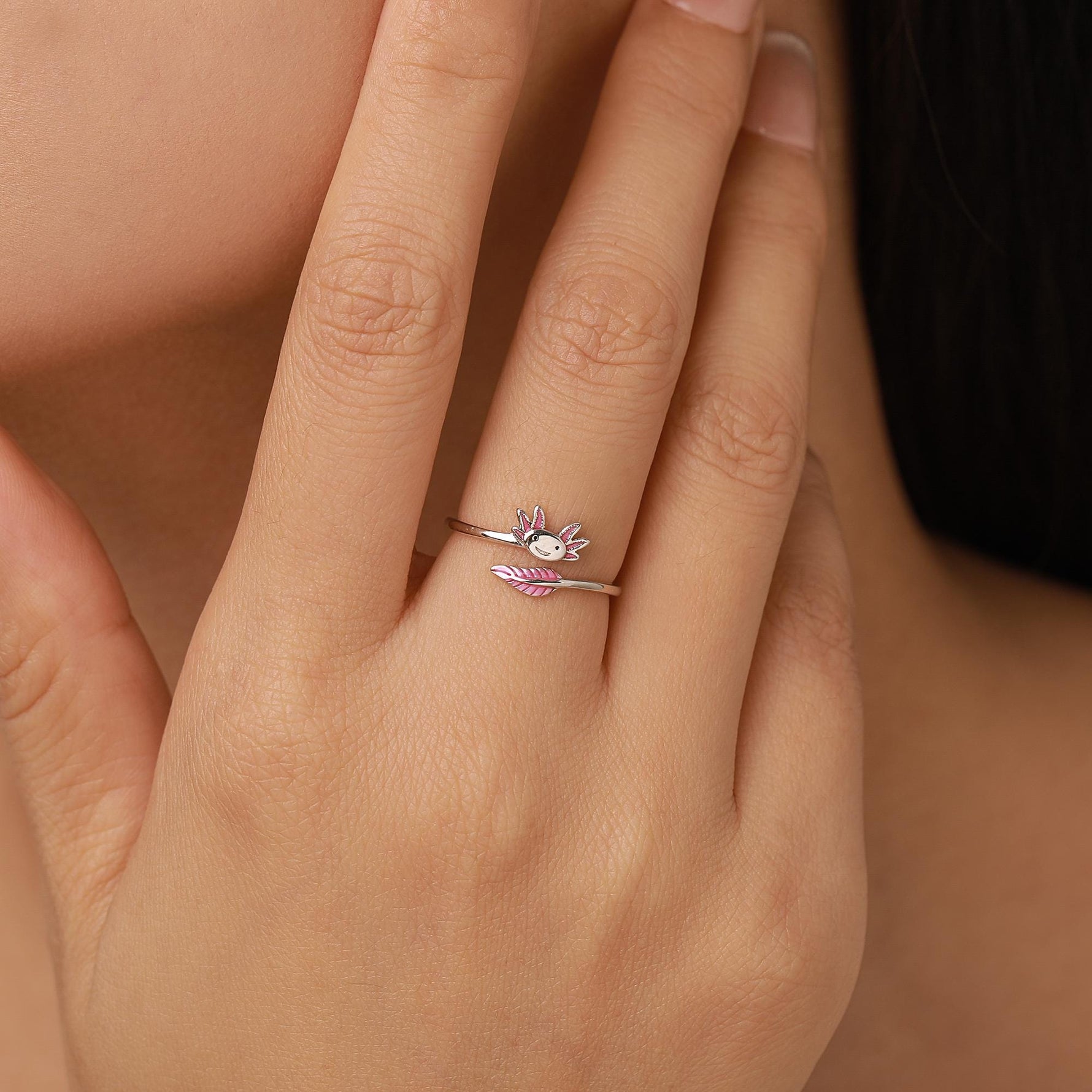 Sterling Silver Enamel Axolotl Adjustable Ring