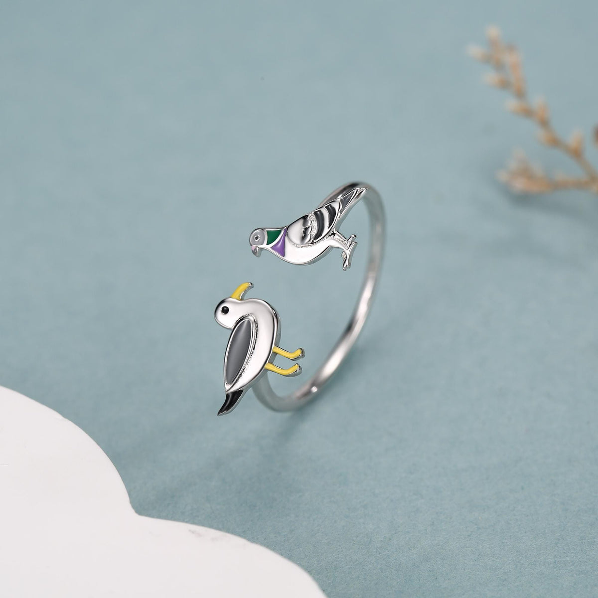 Sterling Silver Seagull and Pigeon Adjustable Ring