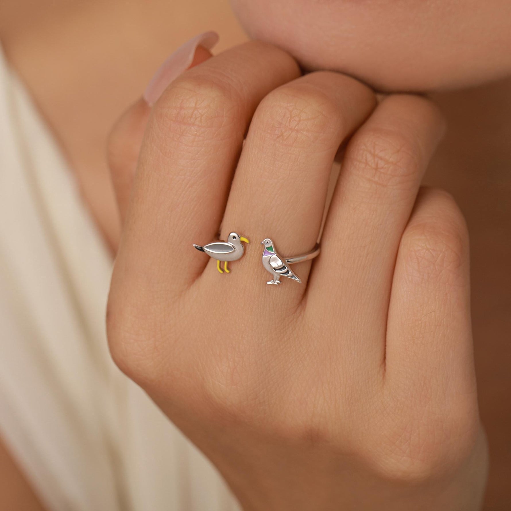 Sterling Silver Seagull and Pigeon Adjustable Ring