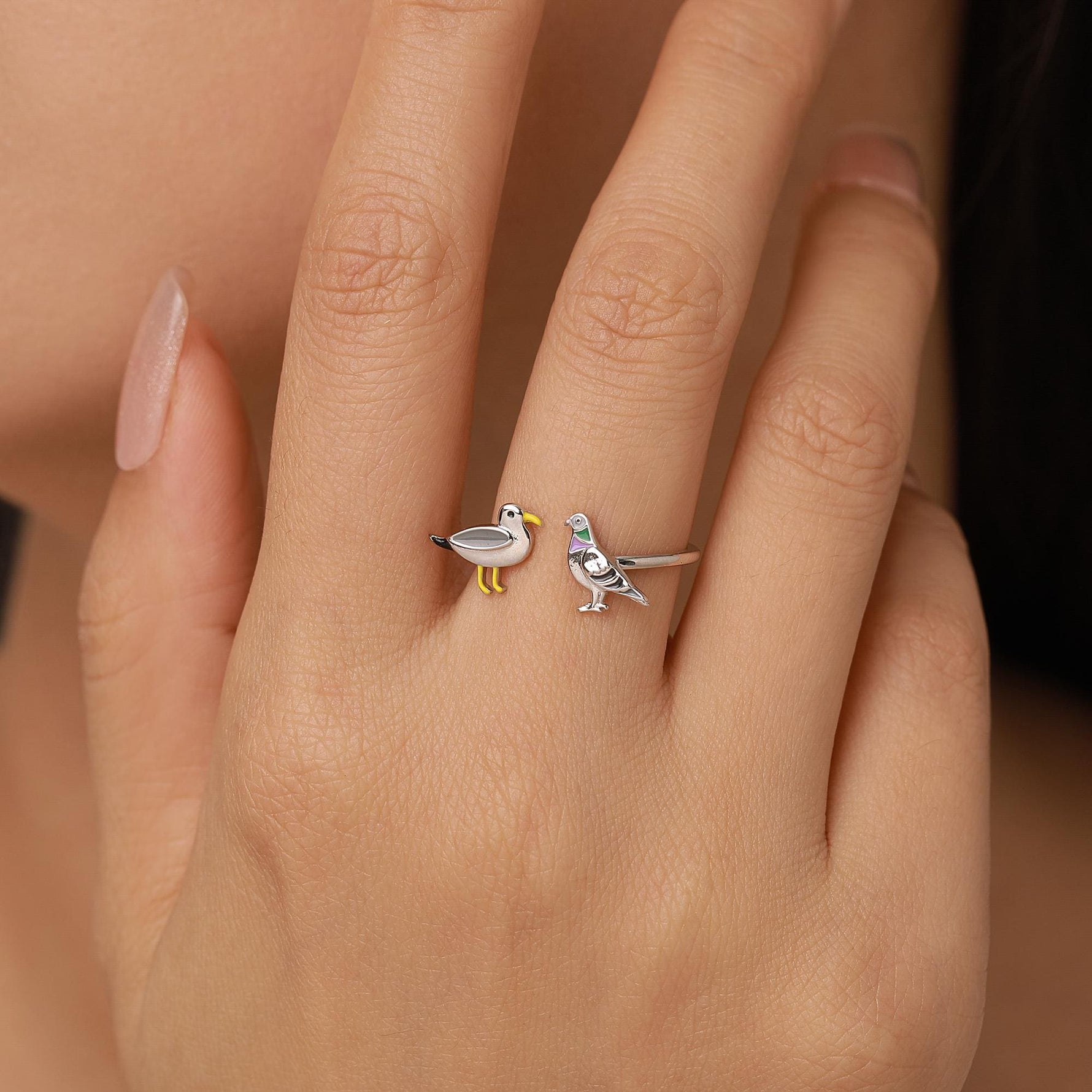 Sterling Silver Seagull and Pigeon Adjustable Ring