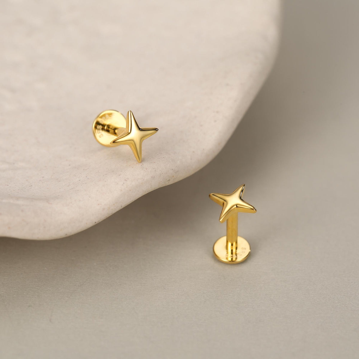 Four Point Star 16G Internally Threaded Flat Back Earrings in Sterling Silver