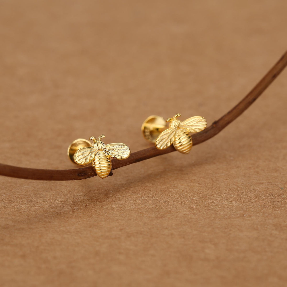 Tiny Bumble Bee 16G Internally Threaded Flat Back Earrings in Sterling Silver, Animal Earrings