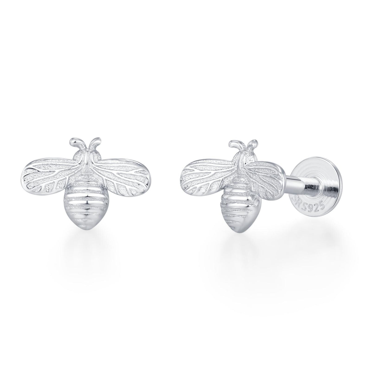 Tiny Bumble Bee 16G Internally Threaded Flat Back Earrings in Sterling Silver, Animal Earrings