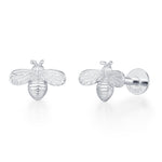 Tiny Bumble Bee 16G Internally Threaded Flat Back Earrings in Sterling Silver, Animal Earrings