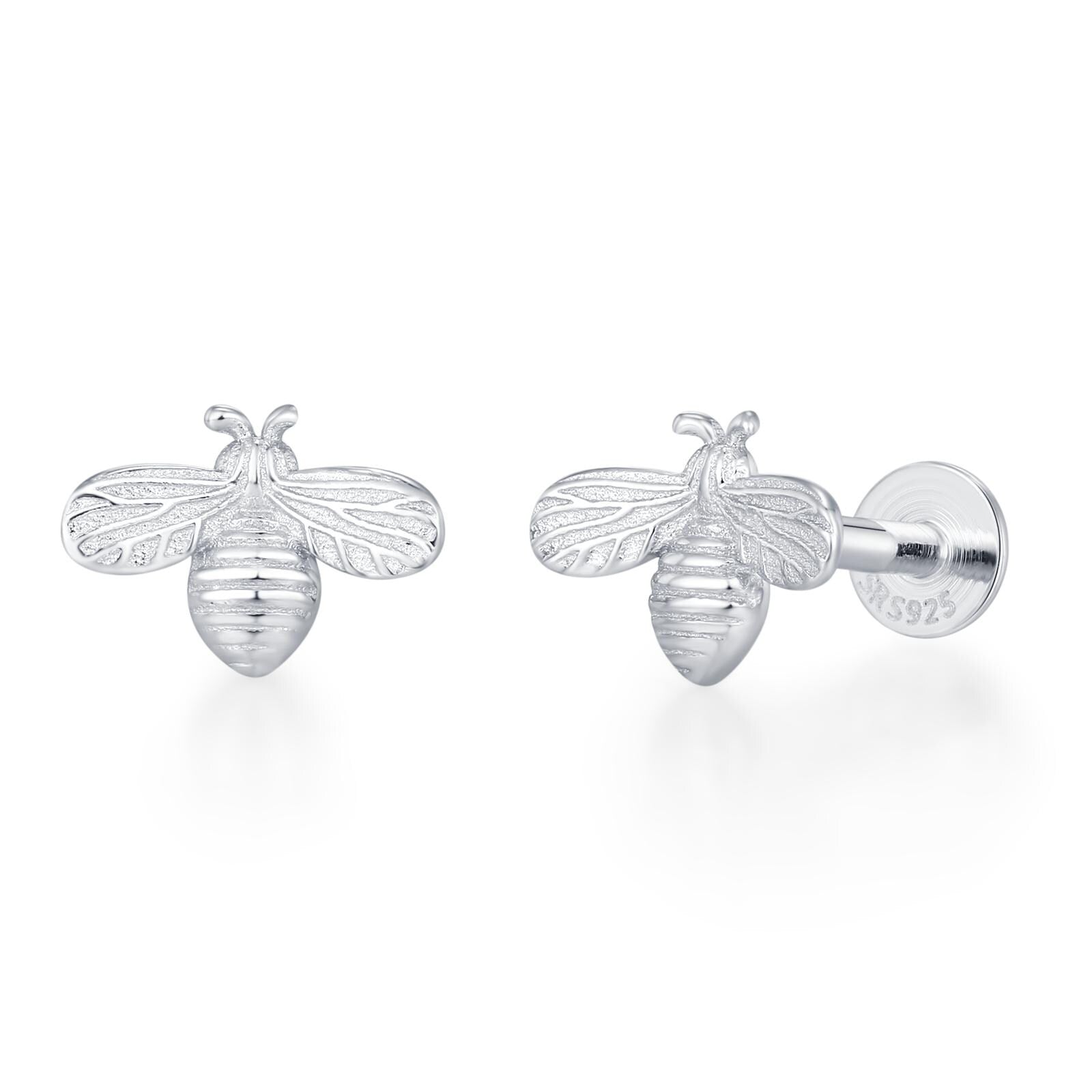 Tiny Bumble Bee 16G Internally Threaded Flat Back Earrings in Sterling Silver, Animal Earrings