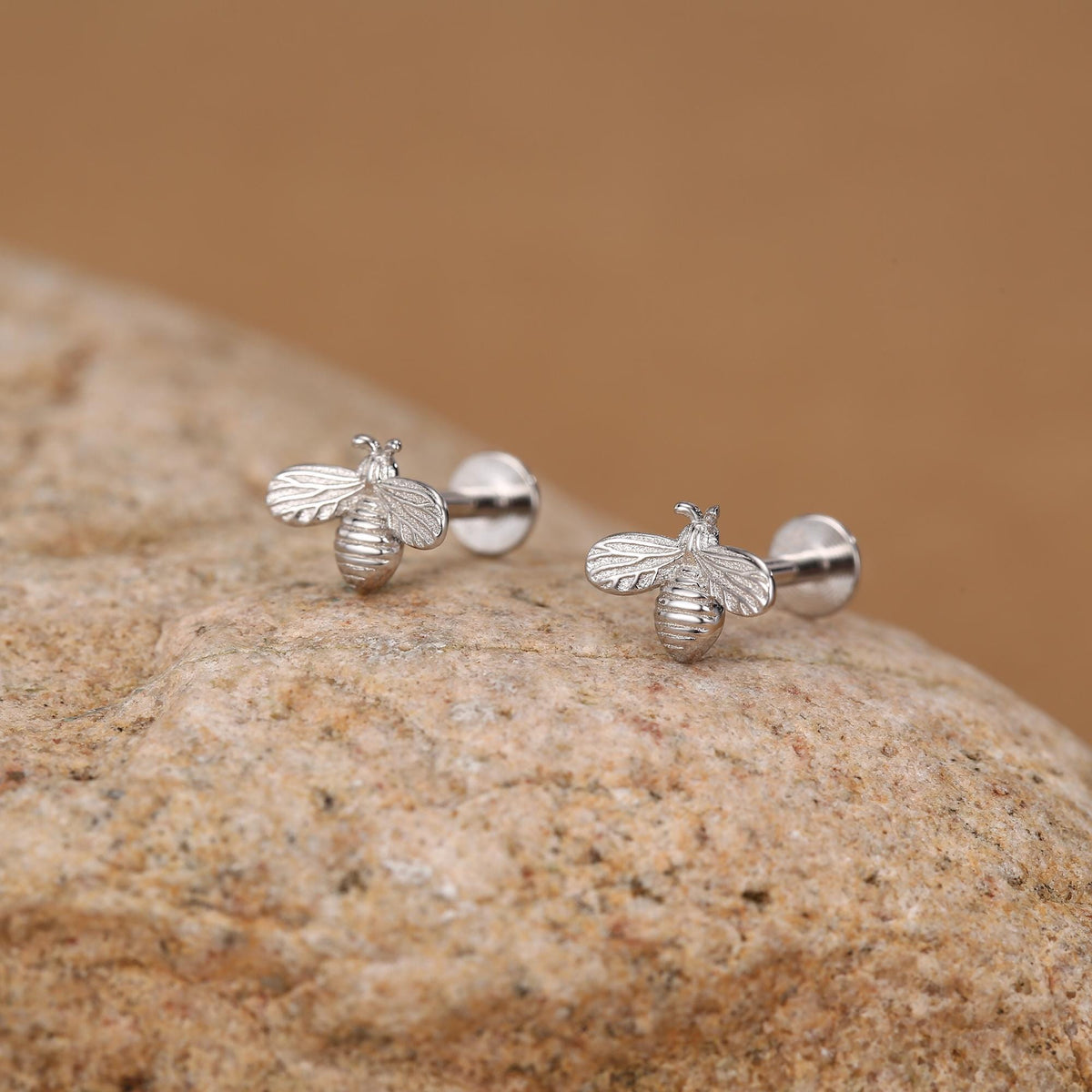Tiny Bumble Bee 16G Internally Threaded Flat Back Earrings in Sterling Silver, Animal Earrings