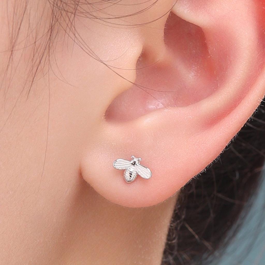 Tiny Bumble Bee 16G Internally Threaded Flat Back Earrings in Sterling Silver, Animal Earrings