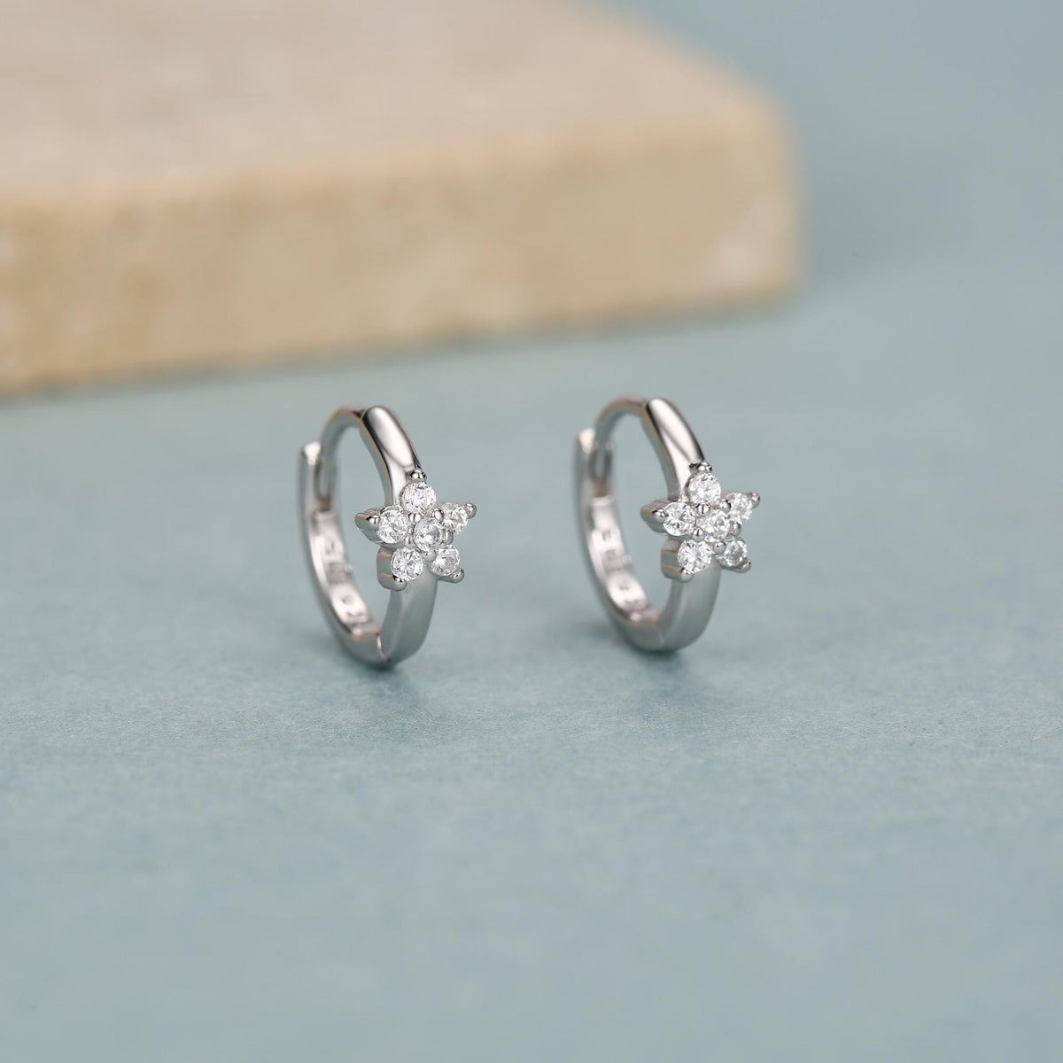 Tiny CZ Flower Huggie Hoops, CZ Hoop Earrings, Crystal Flower Huggie Earrings