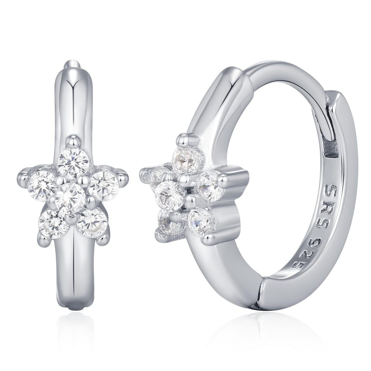 Tiny CZ Flower Huggie Hoops, CZ Hoop Earrings, Crystal Flower Huggie Earrings