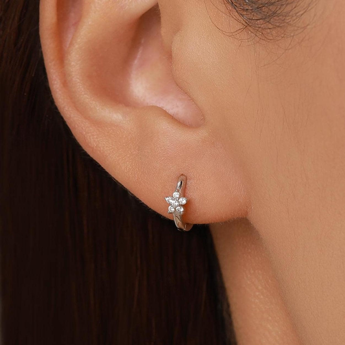 Tiny CZ Flower Huggie Hoops, CZ Hoop Earrings, Crystal Flower Huggie Earrings
