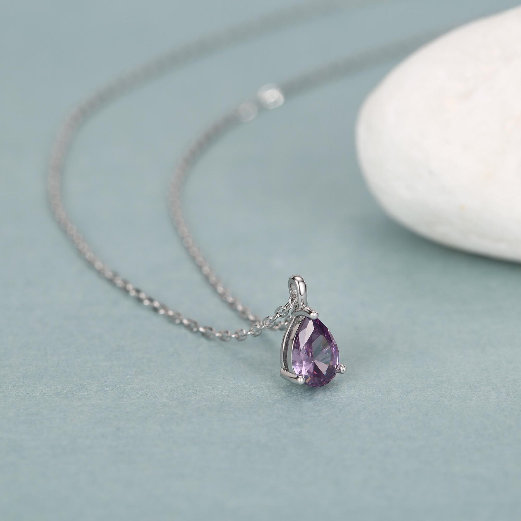 Amethyst Purple CZ Pear Pendant Necklace