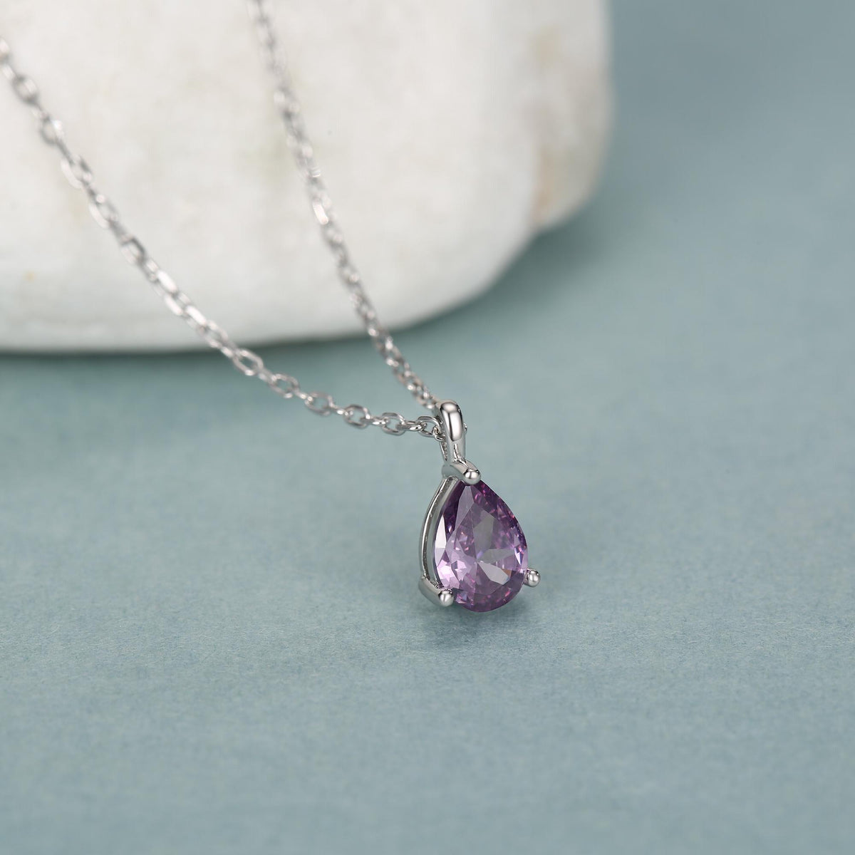 Amethyst Purple CZ Pear Pendant Necklace