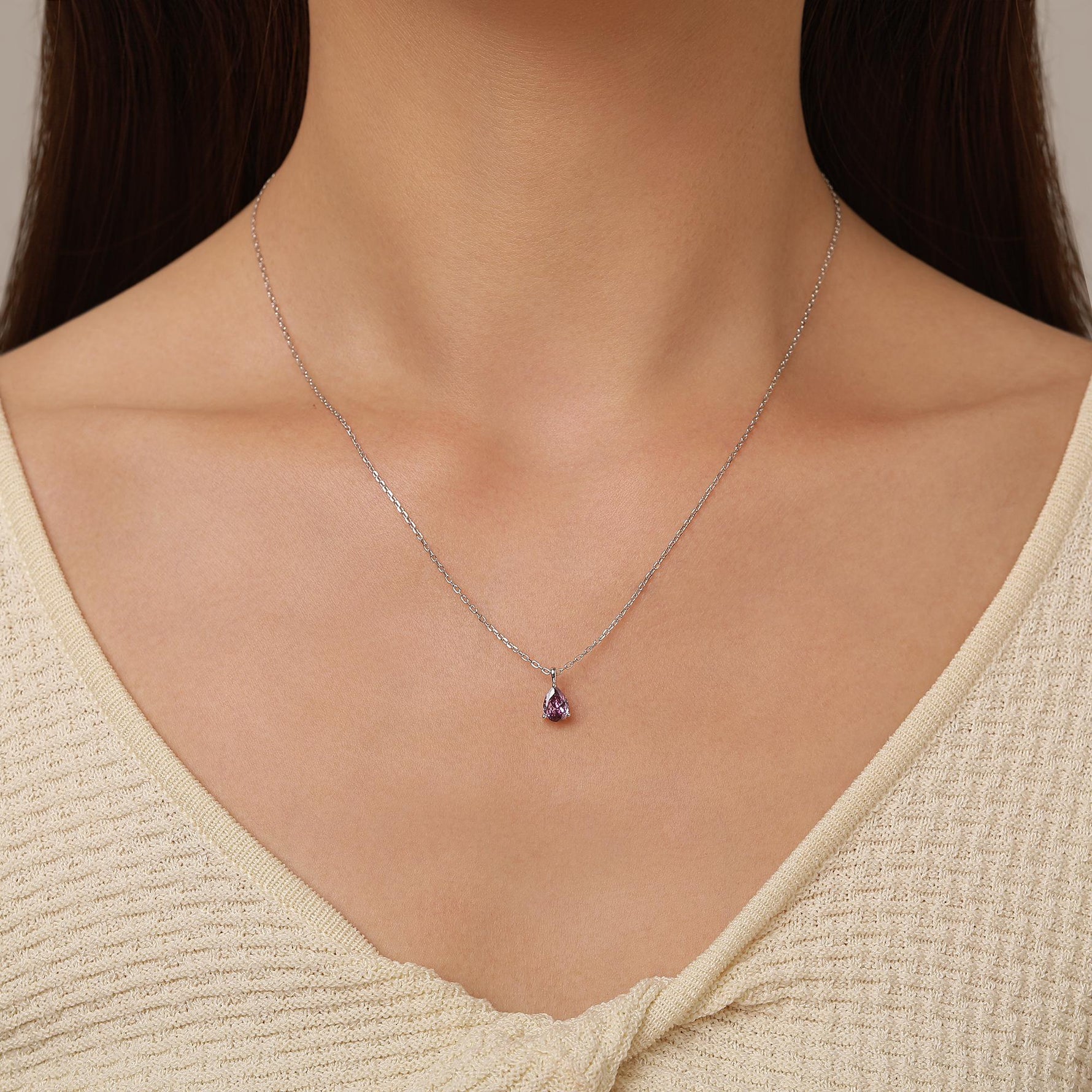 Amethyst Purple CZ Pear Pendant Necklace