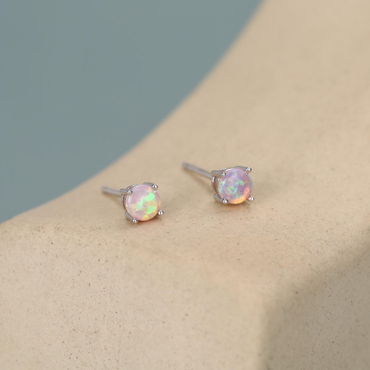 Cosmic Dust Minimalist Opal Stud Earrings in Sterling Silver, Simulated Opal, Blue Lilac Pink Hues