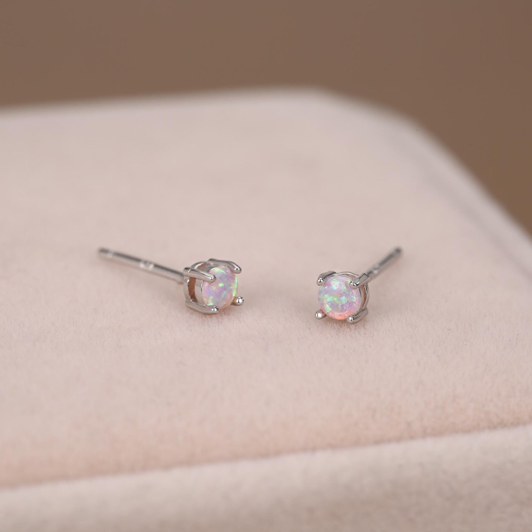 Cosmic Dust Minimalist Opal Stud Earrings in Sterling Silver, Simulated Opal, Blue Lilac Pink Hues