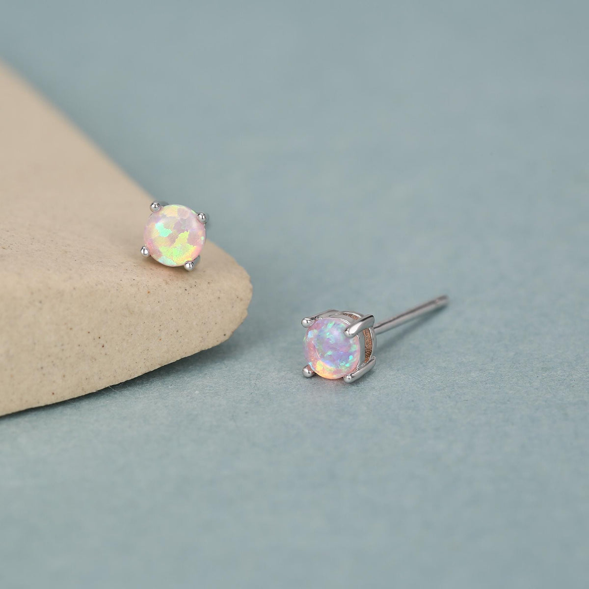 Cosmic Dust Minimalist Opal Stud Earrings in Sterling Silver, Simulated Opal, Blue Lilac Pink Hues