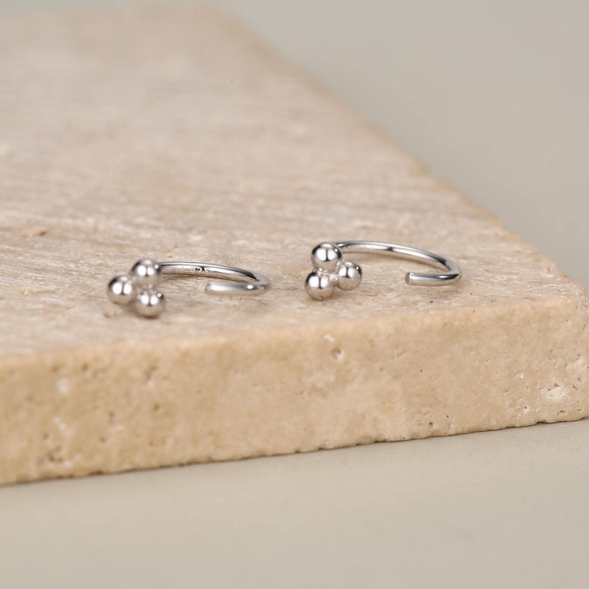 Tiny Three Ball Huggie Hoop Earrings in Sterling Silver, Three Ball Cluster Earrings, Open Hoops, Pull-Through Threader Earrings,