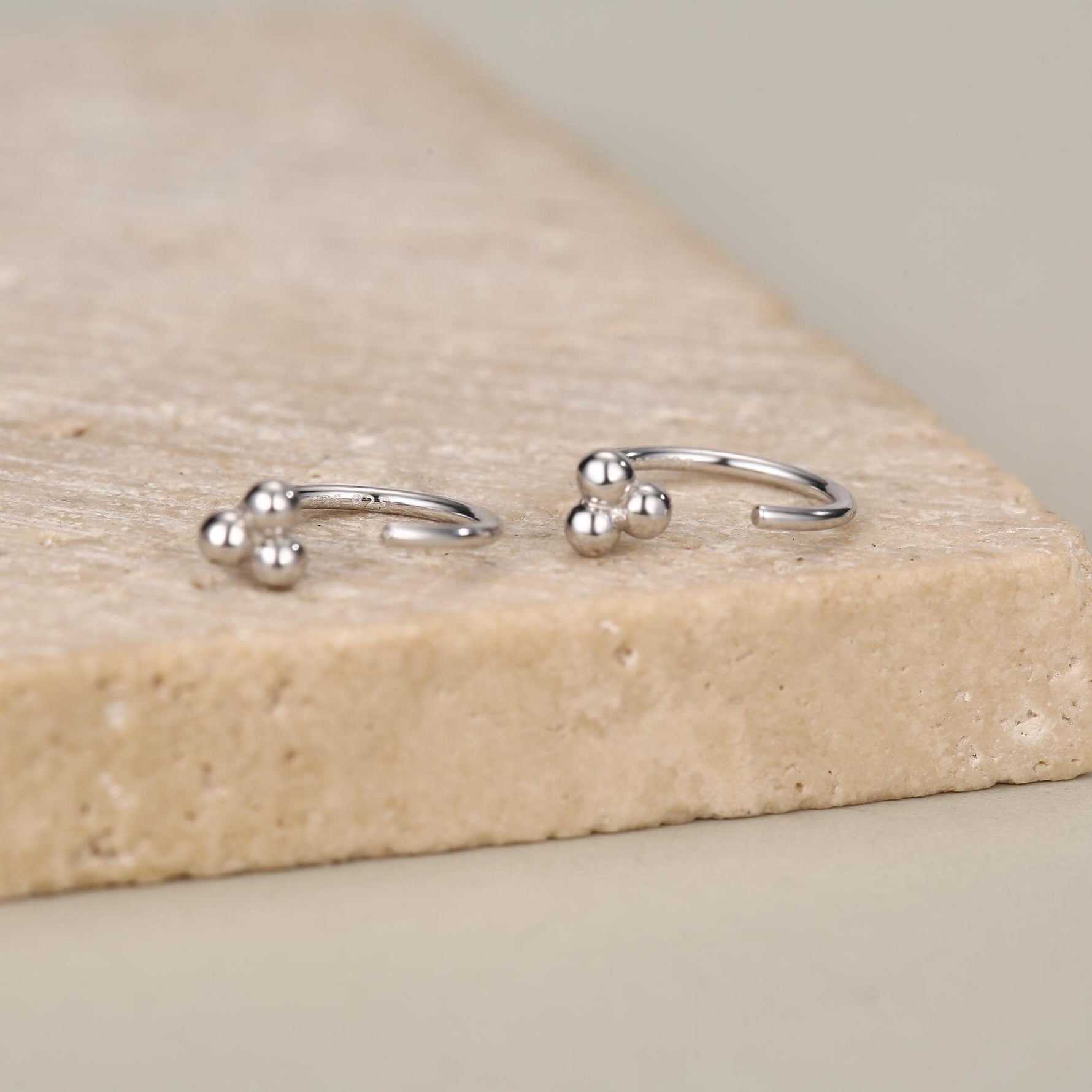 Tiny Three Ball Huggie Hoop Earrings in Sterling Silver, Three Ball Cluster Earrings, Open Hoops, Pull-Through Threader Earrings,