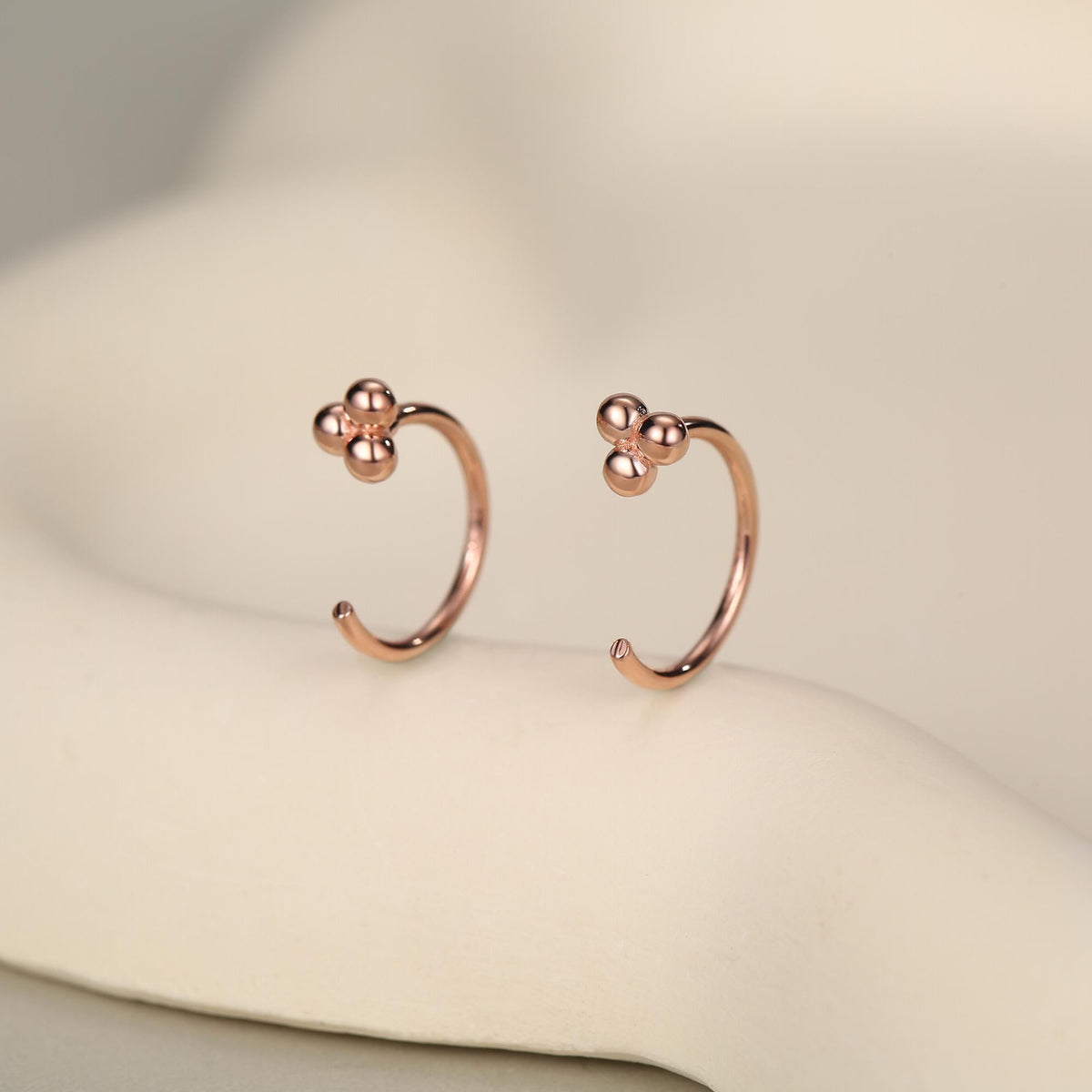 Tiny Three Ball Huggie Hoop Earrings in Sterling Silver, Three Ball Cluster Earrings, Open Hoops, Pull-Through Threader Earrings,