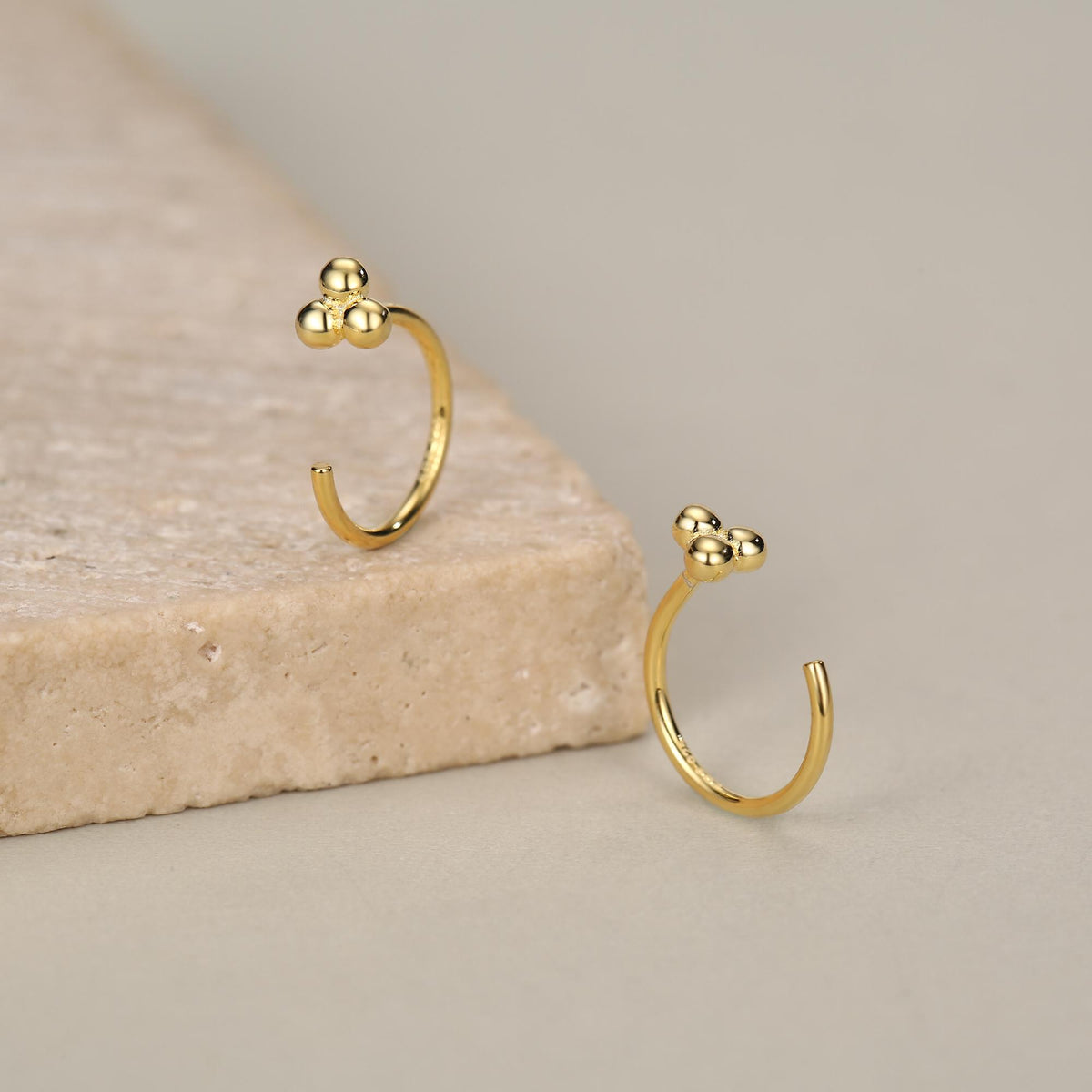 Tiny Three Ball Huggie Hoop Earrings in Sterling Silver, Three Ball Cluster Earrings, Open Hoops, Pull-Through Threader Earrings,