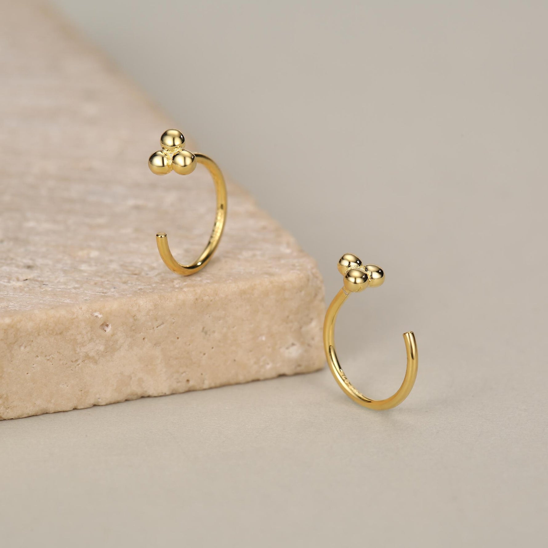 Tiny Three Ball Huggie Hoop Earrings in Sterling Silver, Three Ball Cluster Earrings, Open Hoops, Pull-Through Threader Earrings,