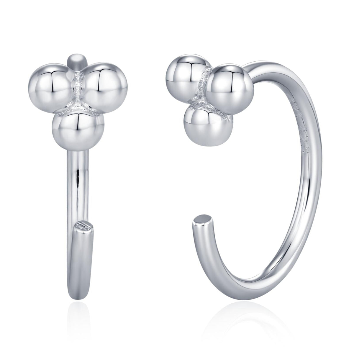 Tiny Three Ball Huggie Hoop Earrings in Sterling Silver, Three Ball Cluster Earrings, Open Hoops, Pull-Through Threader Earrings,