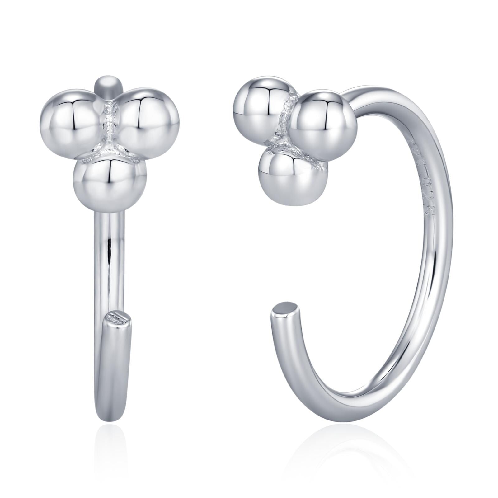 Tiny Three Ball Huggie Hoop Earrings in Sterling Silver, Three Ball Cluster Earrings, Open Hoops, Pull-Through Threader Earrings,