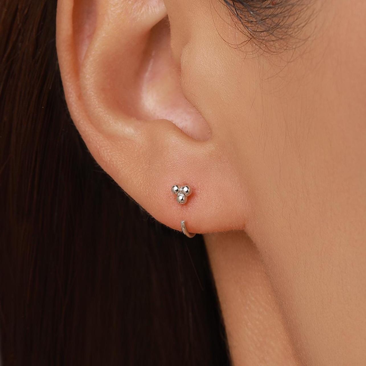 Tiny Three Ball Huggie Hoop Earrings in Sterling Silver, Three Ball Cluster Earrings, Open Hoops, Pull-Through Threader Earrings,