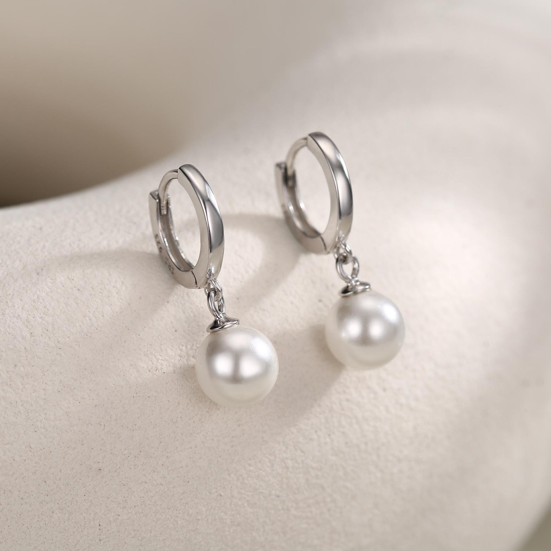 Mother of Pearl Huggie Hoop Earrings in Sterling Silver, Simple Pearl Dangle Earrings, Gold and Silver
