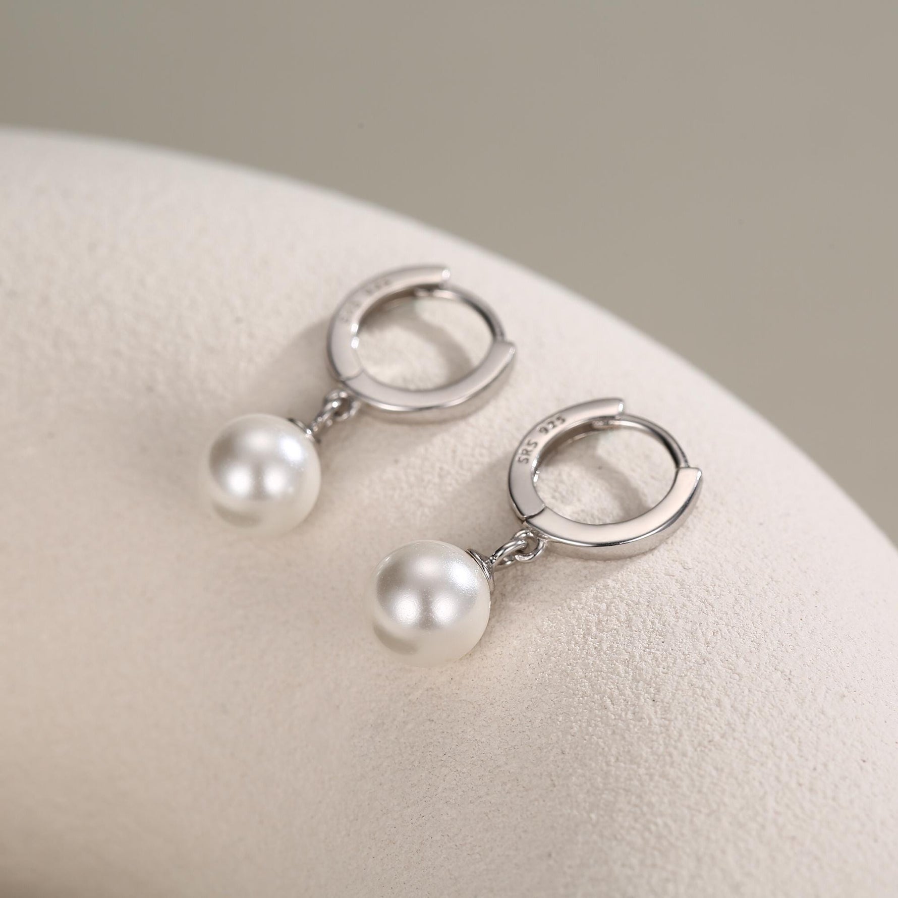 Mother of Pearl Huggie Hoop Earrings in Sterling Silver, Simple Pearl Dangle Earrings, Gold and Silver