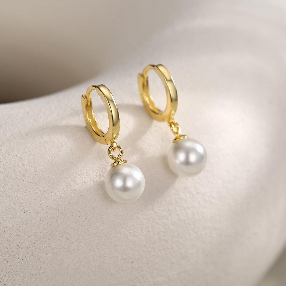 Mother of Pearl Huggie Hoop Earrings in Sterling Silver, Simple Pearl Dangle Earrings, Gold and Silver
