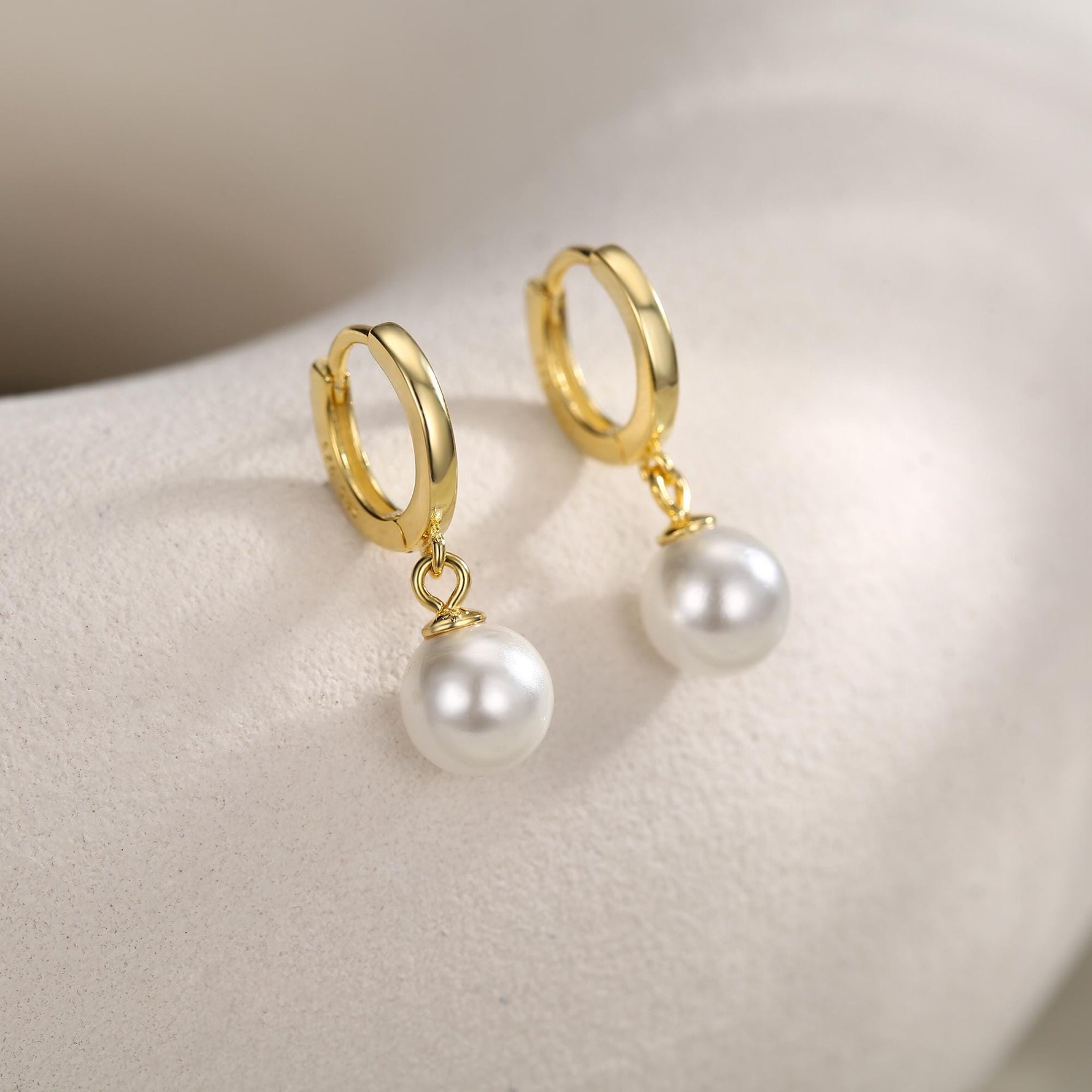 Mother of Pearl Huggie Hoop Earrings in Sterling Silver, Simple Pearl Dangle Earrings, Gold and Silver